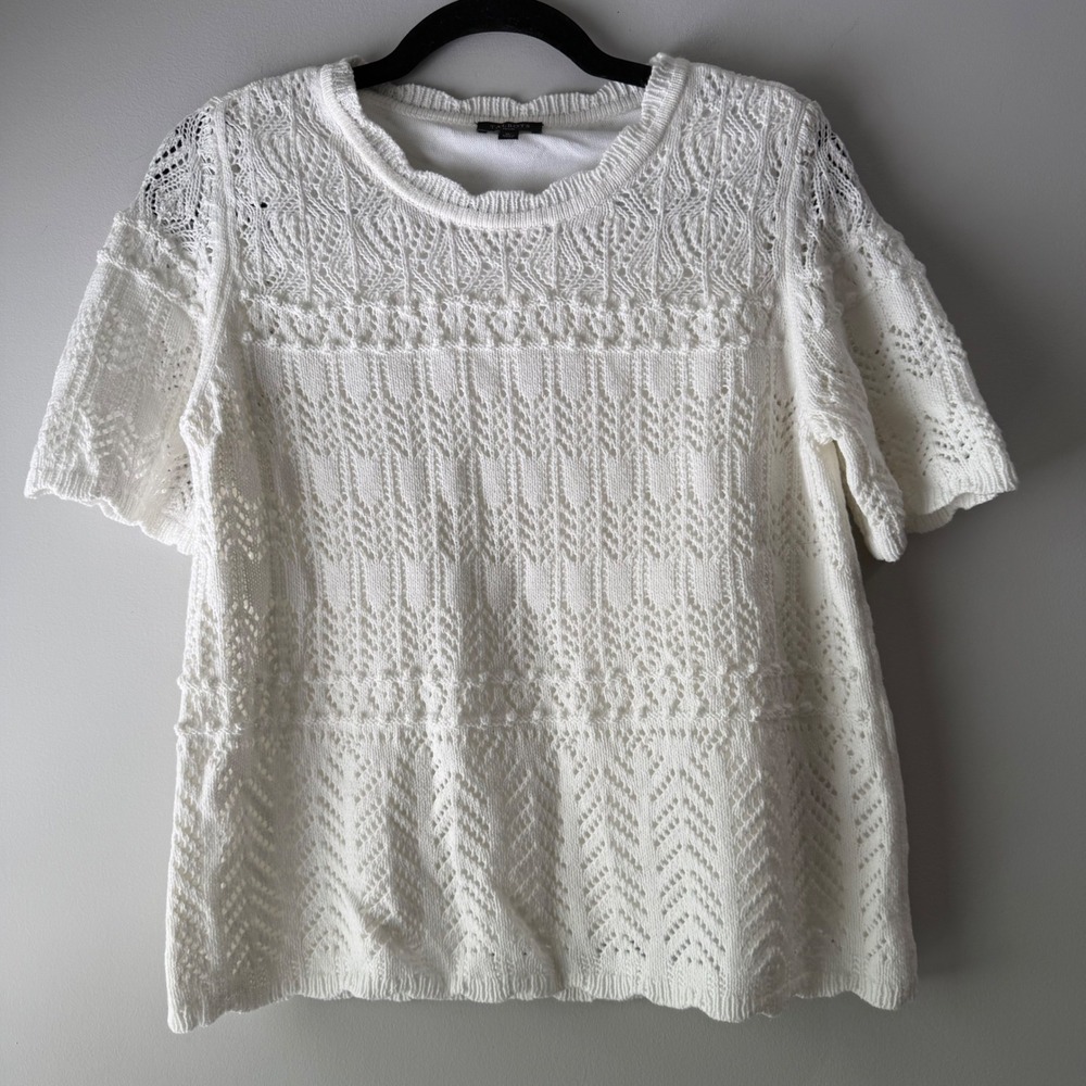 Talbots Sweater Top Womens‎ MP White Pointelle Short Sleeve Cotton